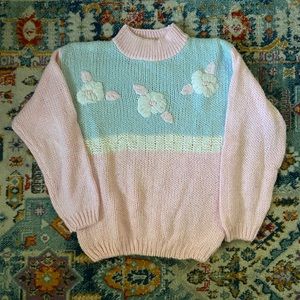 Hand Knit Baby Pink Floral Vintage Sweater
